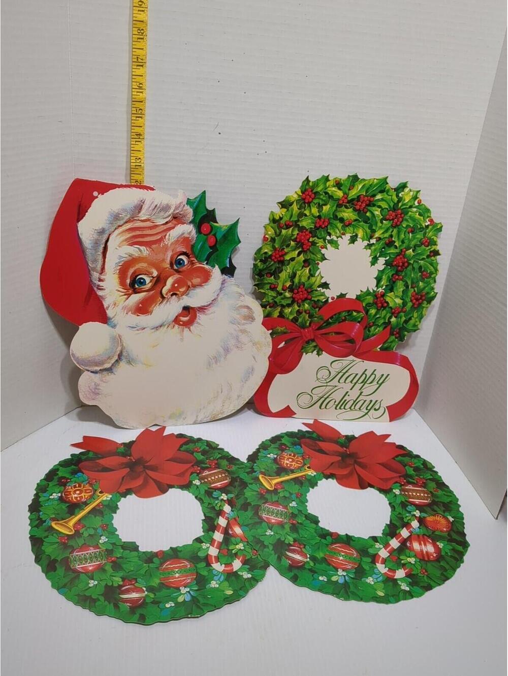 Decoration Christmas Cardboard Diecut Eureka US Santa Poinsettia 1964 Wreathes